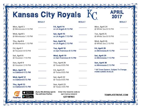 Printable 2017 Kansas City Royals Schedule