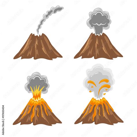 Different stages of volcano. Vector set of volcano eruption icons isolated on white. Stock ...