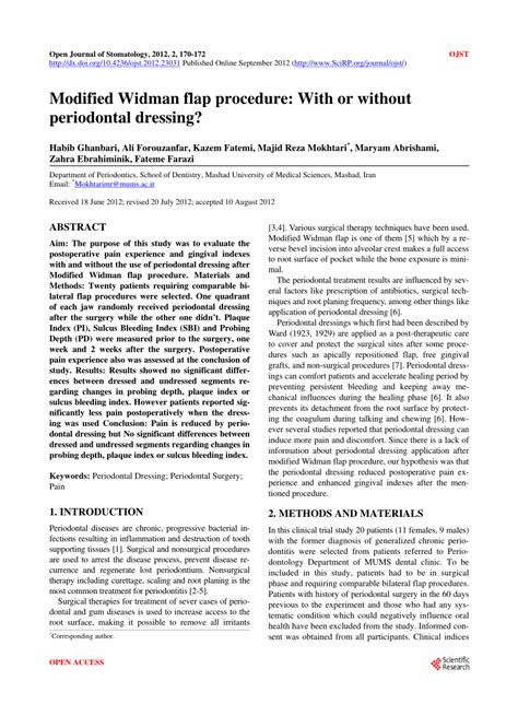 (PDF) Modified Widman flap procedure: With or without periodontal dressing?