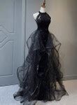 High Neckline Black Halter Shiny Tulle And Sequins Party Dress, Black ...