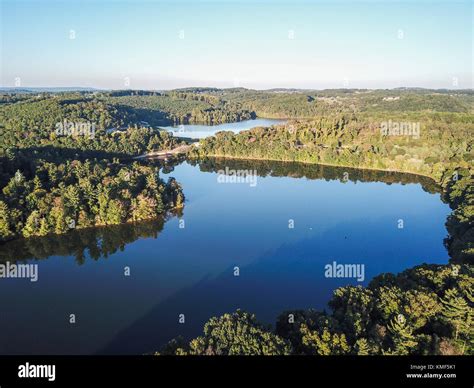 Aerial of Loganville, Pennsylvania around Lake Redman and Lake Williams during Fall Stock Photo ...