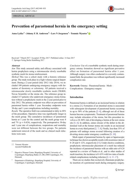 Prevention of parastomal hernia in the emergency setting | Request PDF