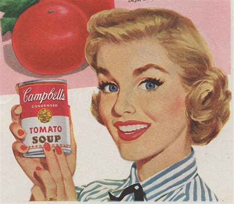 an advertisement for campbell's tomato soup with a woman holding up a can