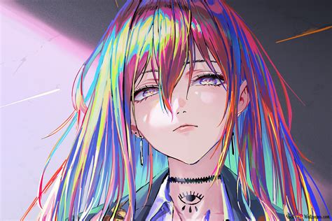 Artistic anime girl with rainbow colored hair 4K wallpaper download