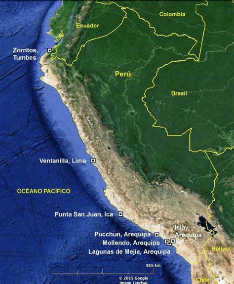 Mapa de ubicación de los registros del Jabirú en la costa peruana ...