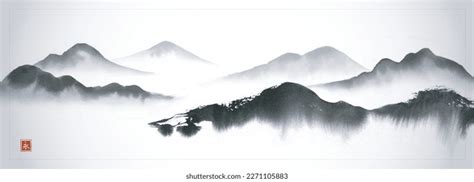 Ink Wash Painting Mountains Fog Panoramic Stock Vector (Royalty Free ...