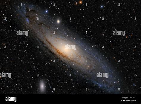 Andromeda Galaxy (M31) and its satellite galaxies (M32 and M110) in Andromeda constellation ...