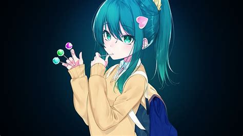 HD wallpaper: cute, blue hair, anime art, anime girl, candie, school ...