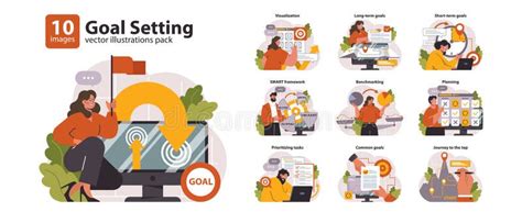 Goal Setting Set. Flat Vector Illustration Stock Vector - Illustration of objective, targets ...