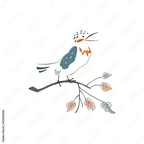 Cute kingfisher in sketch style. The bird sits on a branch and sings in ...