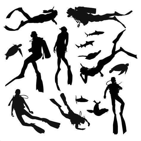 Scuba diving silhouette vector illustration isolated on white background. Sport underwater, lake ...