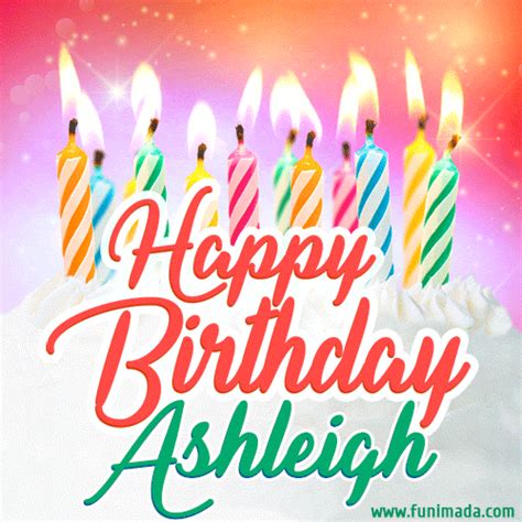 Happy Birthday GIF for Ashleigh with Birthday Cake and Lit Candles | Funimada.com