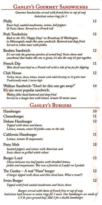 Ganley's Restaurant Lunch Menu