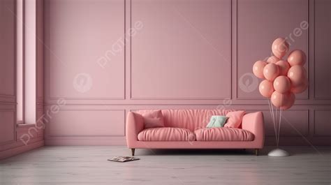 Pink Balloon Adorns 3d Studio Render With Plush Sofa Background, Furniture Background, Modern ...