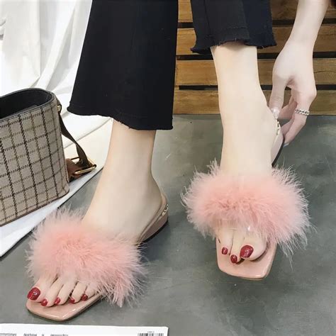 Plus Size 35 43 Women Fur Slippers Low Heels Slipper Real Fur Slipper ...