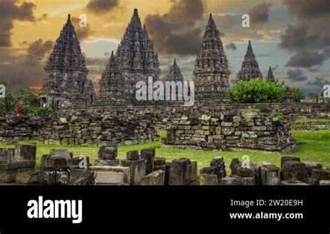 Sunset view of Prambanan Temple, one of the largest Hindu temples in Java Indonesia. 4K, UHD ...