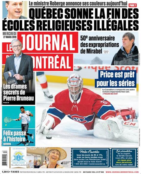 Newspaper Le Journal de Montréal (Canada). Newspapers in Canada. Wednesday's edition, March 27 ...