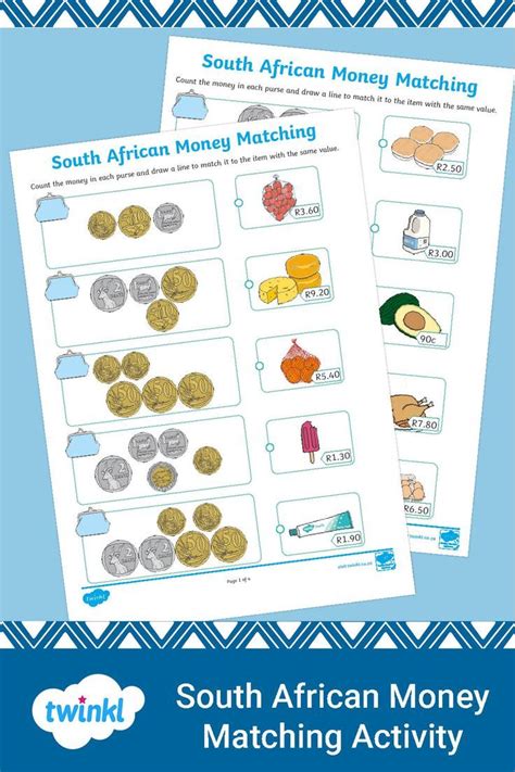 South African Money Matching Activity | Money activities, Money worksheets, Matching activity