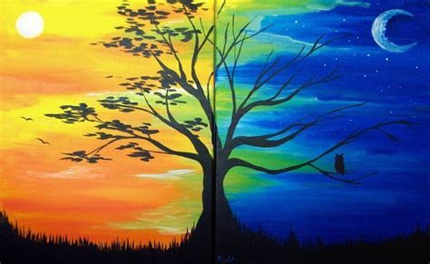 Beautiful painting idea. Day and Night Tree - warm and cool, sun and moon. Please also visit www ...