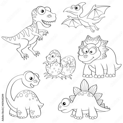 Set of cartoon dinosaurs. Black and white vector illustration for ...