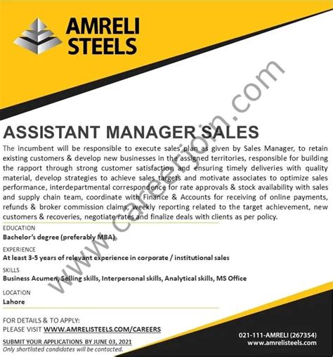 Amreli Steels Ltd Jobs Assistant Manager Sales