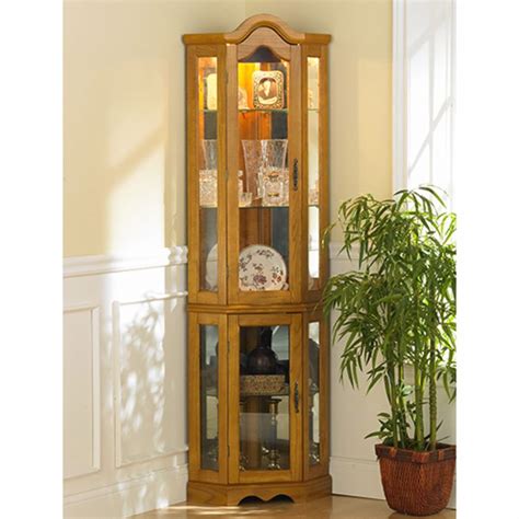 Golden Oak Lighted Corner Curio Cabinet With Built-In Lighting and Tempered Glass Shelves And ...