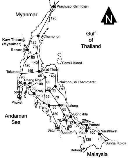 Map of southern Thailand, Andaman sea, Gulf of Thailand