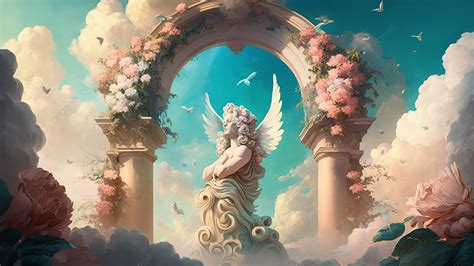 Heaven Angel Arch Scene Background, Oil Painting Style, Wing, Flowers ...