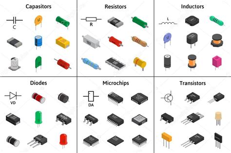 Big vector set of izometric electronic components. Capacitors, r ...