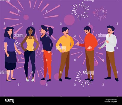 cartoon happy people in a party over purple background, vector ...