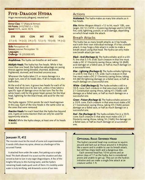 Five-Dragon Hydra | Dnd stats, Dnd monsters, Dungeons and dragons homebrew