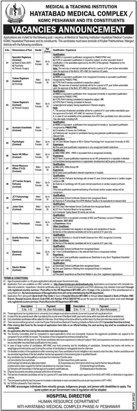 Daily Aaj & Mashriq Newspaper Jobs – MTI Hayatabad Medical Complex HMC Jobs 2023 - Pakistan Jobs ...