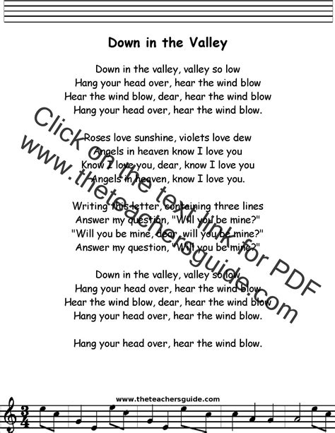 Down in the Valley Lyrics, Printout, MIDI, and Video