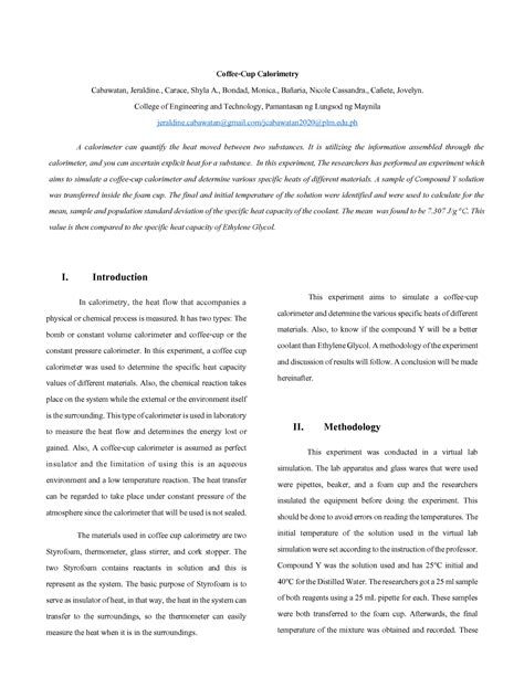 Coffee-cup Calorimetry Experiment Formal Lab Report - I. Introduction ...