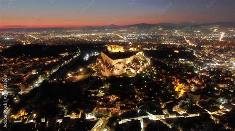 Aerial drone detail night shot of iconic Acropolis hill and the ...