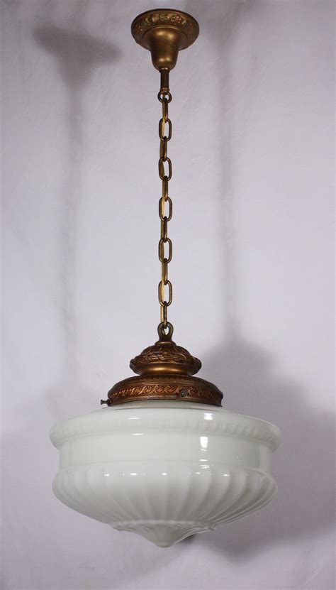 Large Antique Pendant Light Fixture with Original Milk Glass Shade, c ...