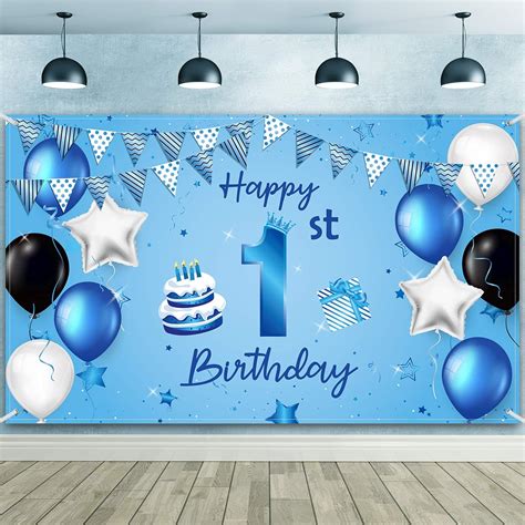 Happy 1st Birthday Backdrop Banner Blue Newborn Boys First Birthday ...