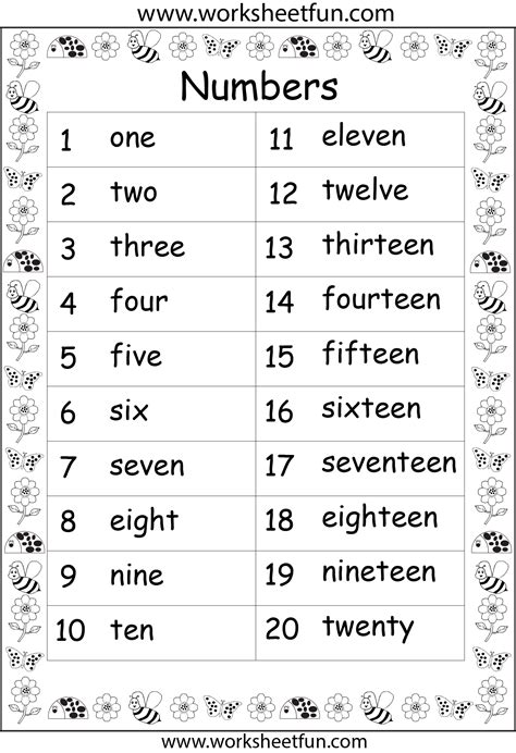 Number Words 1-20 Worksheets