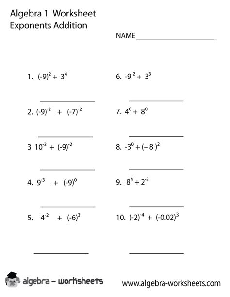 Exponents Addition Algebra 1 Worksheet Printable