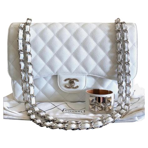 Rare Chanel White caviar jumbo classic flap bag Leather ref.172122 ...