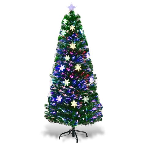 Goplus 6FT Pre-Lit Fiber Optic Artificial Christmas Tree w/Multicolor Lights Snowflakes ...