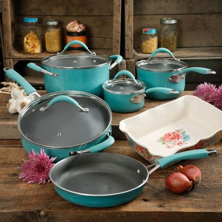 The Pioneer Woman Frontier Speckle Turquoise 10-Piece Cookware Set ...