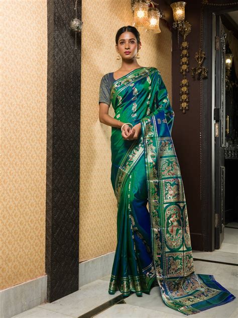 Peacock green pure katan swarnachari sari | Dhunki fashion