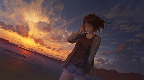 HD wallpaper: beach, sunset, anime girls, sunlight, sky, outdoors | Wallpaper Flare