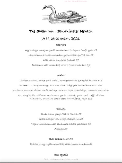 Menu at The Swan Inn pub & bar, Sturminster Newton