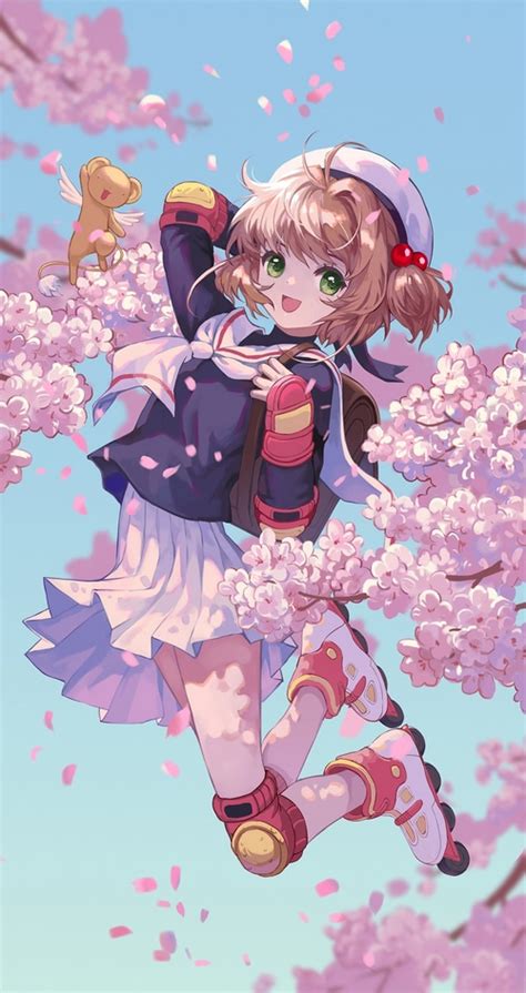 petals, Cardcaptor Sakura, green eyes, Sakura Kinomoto, flowers, school uniform, Kinomoto Sakura ...