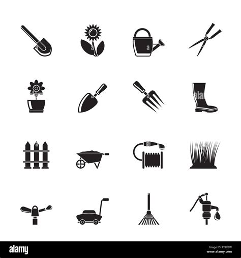 Silhouette Garden and gardening tools and objects icons - vector icon ...
