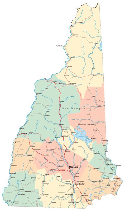 Large administrative map of New Hampshire state with highways, roads and major cities | Vidiani ...