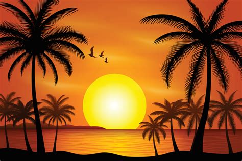 Colorful sunset on the tropical island. Beautiful ocean beach with palms illustration, Cartoon ...