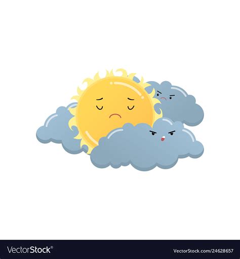 Sad yellow sun between angry grey clouds emoji Vector Image